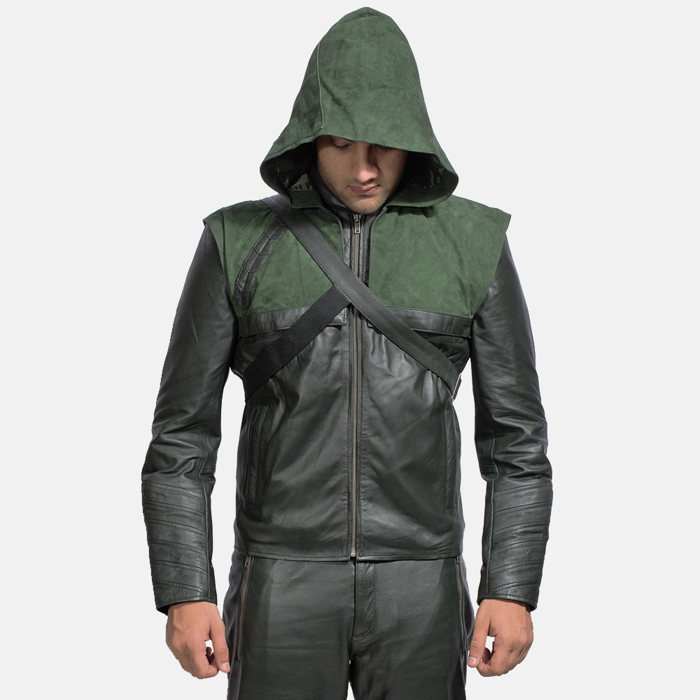 Mens Green Hooded Leather Jacket